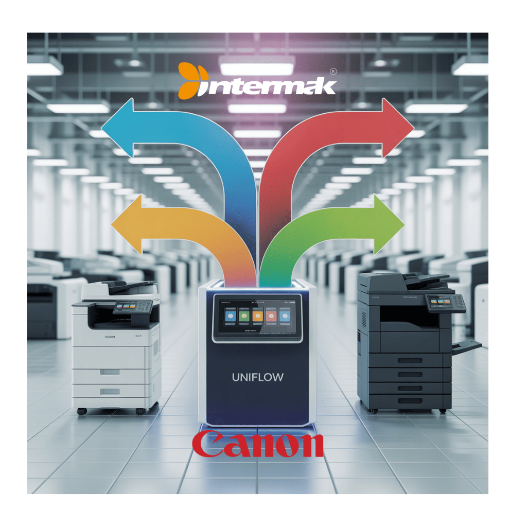 Canon Uniflow dijital baskı iş akışı: Merkezi Uniflow sistemine bağlı çok işlevli yazıcılar.